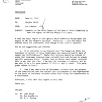 Memorandum from Johnson to Charles Smith, Comments on Draft Report of the Special Board Committee to Hear the Appeal of the Gay People&#039;s Alliance, June 11, 1974